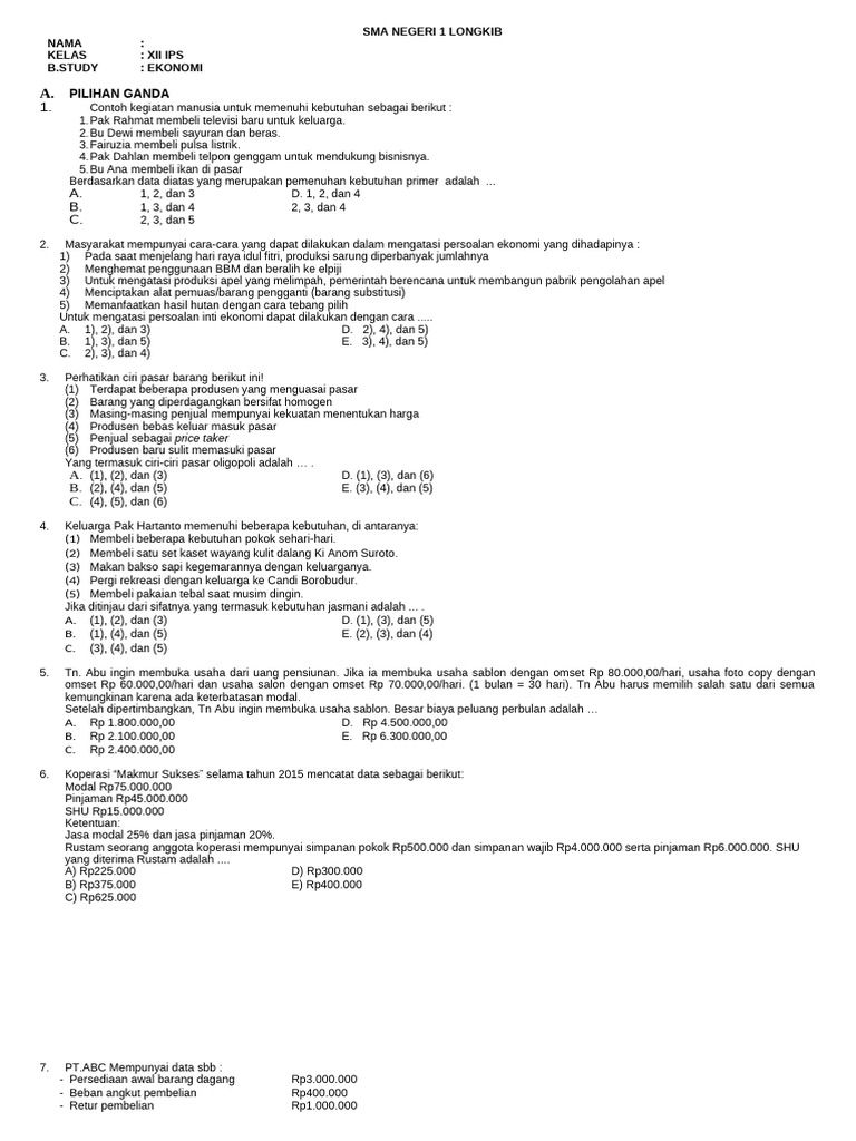 Soal Uas Ekonomi Kelas Xii 2018 PDF