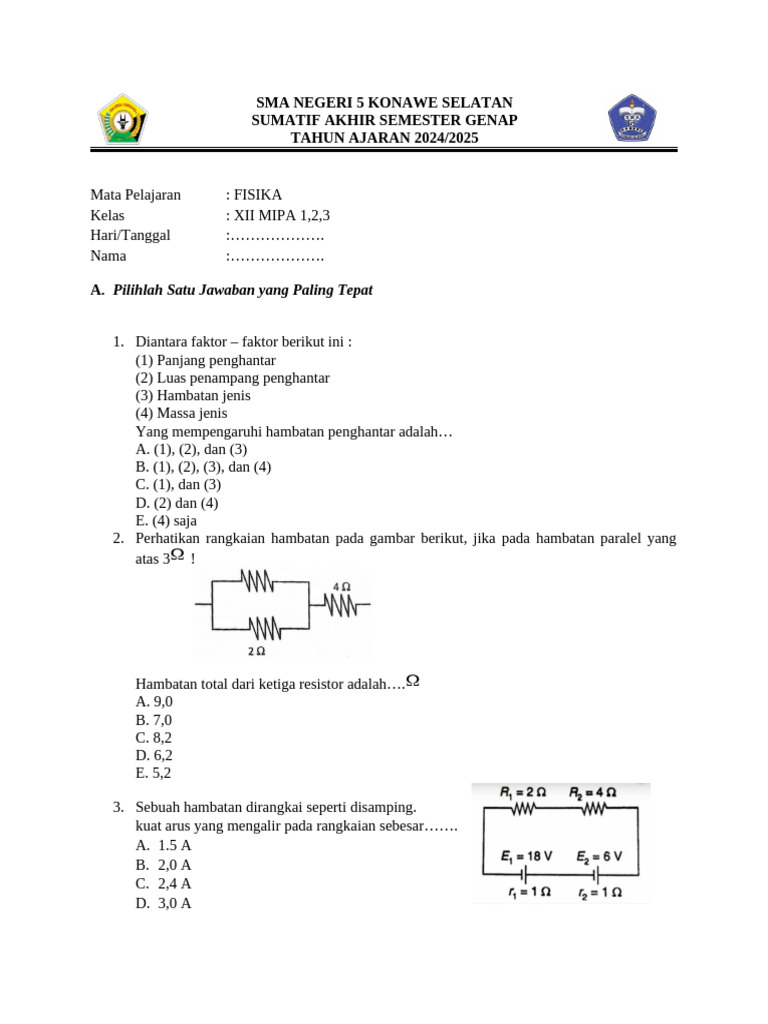 Soal Ujian Fisika Kelas XII MIPA 2024 PDF Soal Ujian Fisika Kelas XII MIPA 2024 PDF
