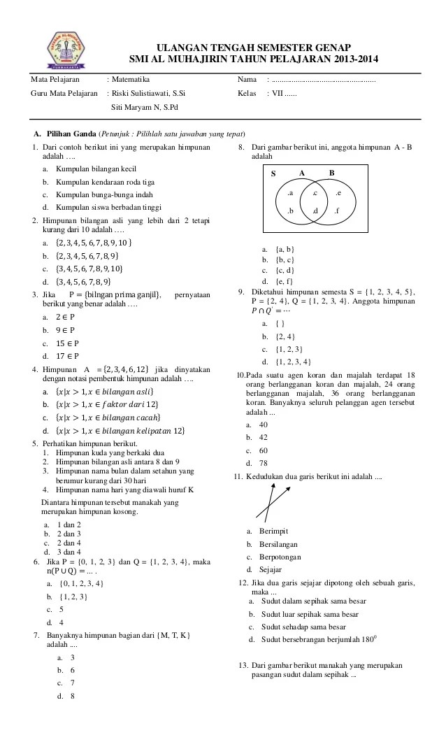 Soal Pts Matematika Kelas 7 Semester 2 Pdf Dalchaebi