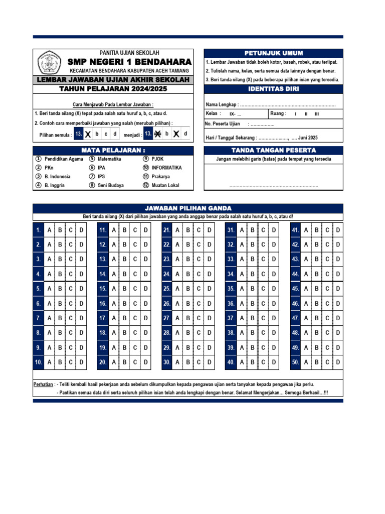 Lembar Jawaban Ujian Sekolah 2024 2025 PDF