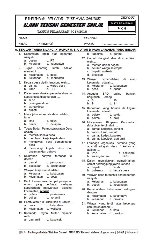 latihan soal pkn kelas 6 semester 1