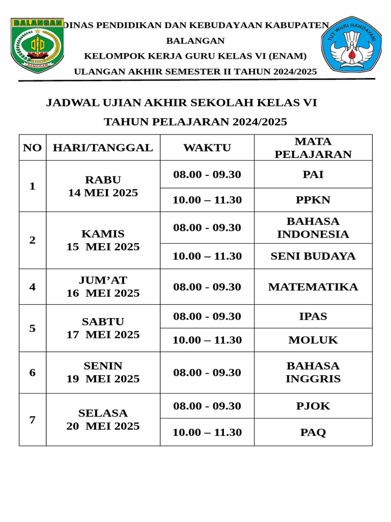 Jadwal Ujian Akhir Sekolah Kelas Vi Kurikulum Merdeka-1 PDF Jadwal Ujian Akhir Sekolah Kelas Vi Kurikulum Merdeka-1 PDF