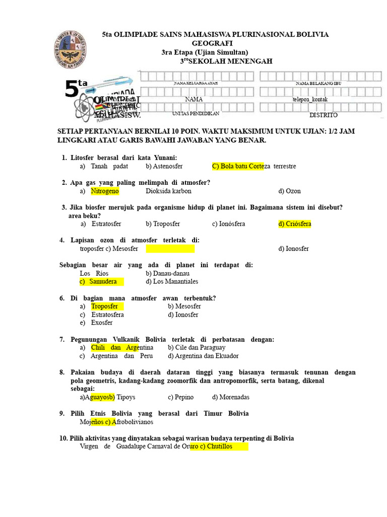 Ujian Geografi Olimpiade Sains Bolivia PDF Ujian Geografi Olimpiade Sains Bolivia PDF