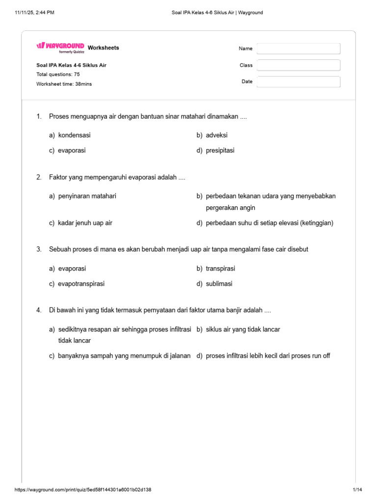Soal IPA Kelas 4-6 tentang Siklus Air PDF