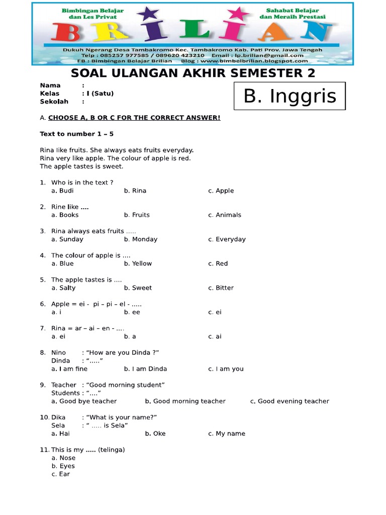 Akhirnya! Soal UAS Semester 1 Bahasa Inggris Kelas 3 Terlengkap 2026