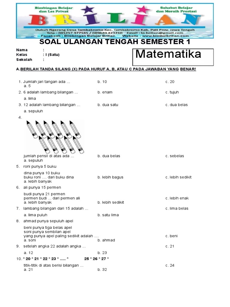 5 Contoh Soal UAS Tema 3 Kelas 1 SD Semester 1 dari Bimbel Brilian, Wajib Dicoba