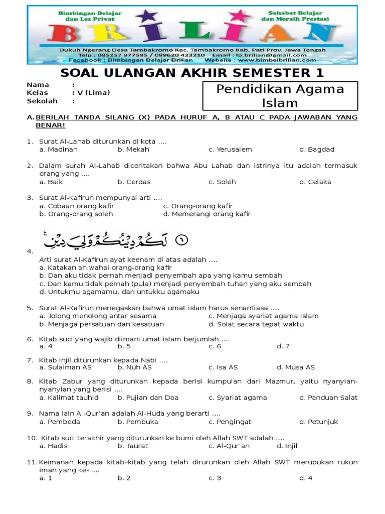 10 Contoh Soal PAI UAS Semester 1 Kelas 5 Kurikulum Merdeka yang Wajib Dikuasai Siswa Agar Nilai 100