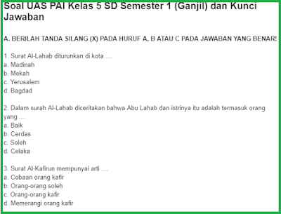 Soal UAS PAI Kelas 5 Semester 1 Dan Kunci Jawaban Tahun Pelajaran