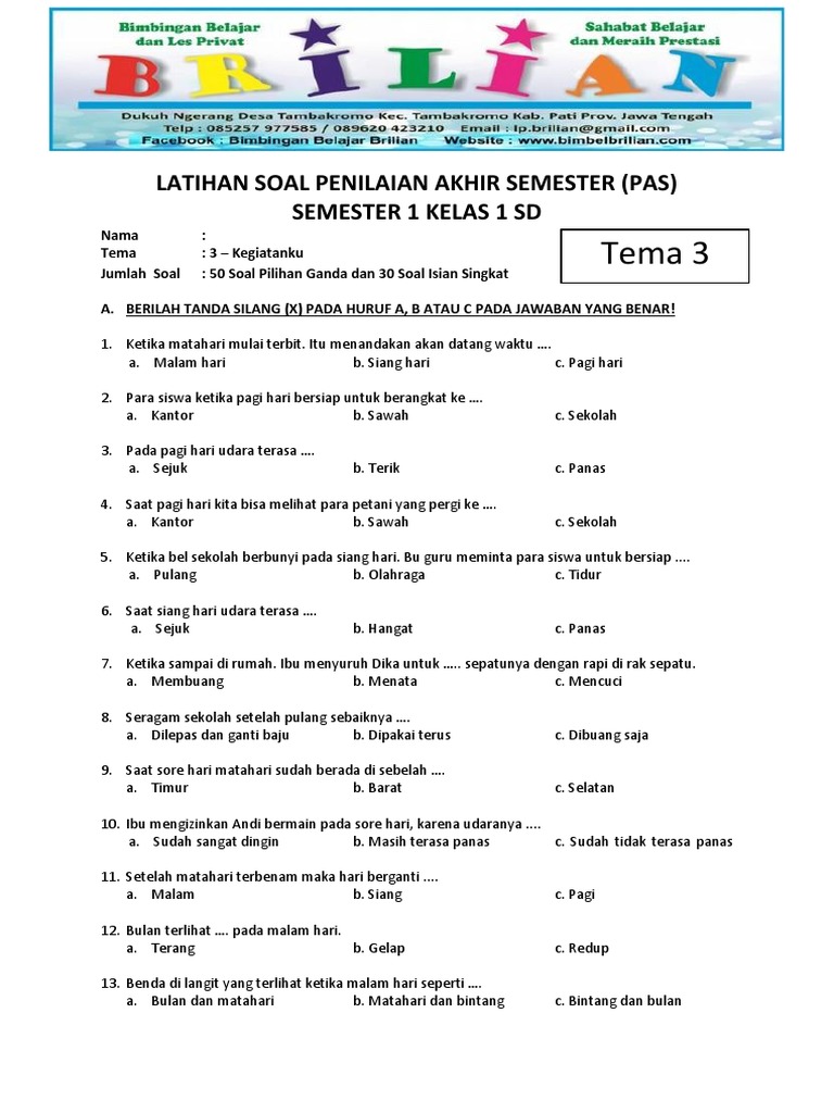 30 Contoh Soal PAS Gasal Tema 3 Kelas 1 Beserta Kunci Jawaban yang Wajib Dikuasai