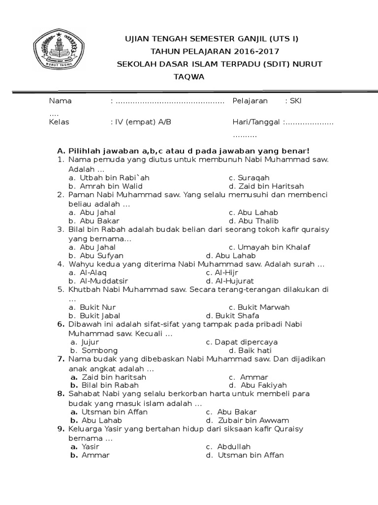 Soal UTS SKI Kelas 4 Semester 1 PDF Soal UTS SKI Kelas 4 Semester 1 PDF