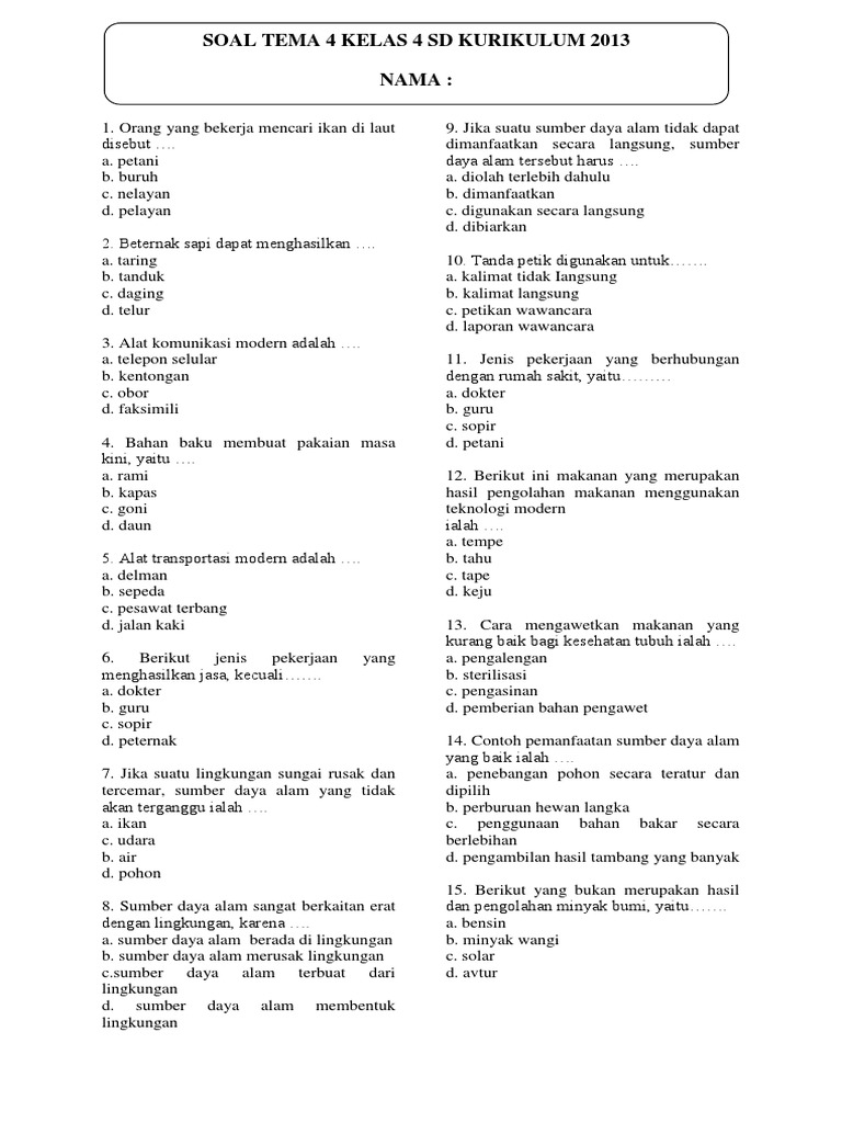 Soal Ujian Tema 4 Kelas 4 SD PDF Sains Matematika Teknologi Soal Ujian Tema 4 Kelas 4 SD PDF Sains Matematika Teknologi