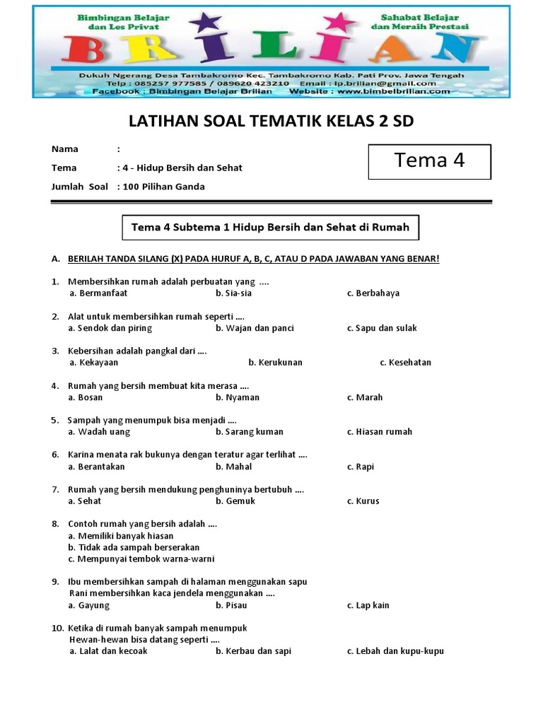 Soal Pilihan Ganda Kelas 2 SD Tema 4 Hidup Bersih Dan Sehat PDF Soal Pilihan Ganda Kelas 2 SD Tema 4 Hidup Bersih Dan Sehat PDF