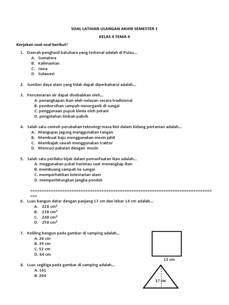 Soal Ulangan Kelas 4 Semester 1 PDF Soal Ulangan Kelas 4 Semester 1 PDF