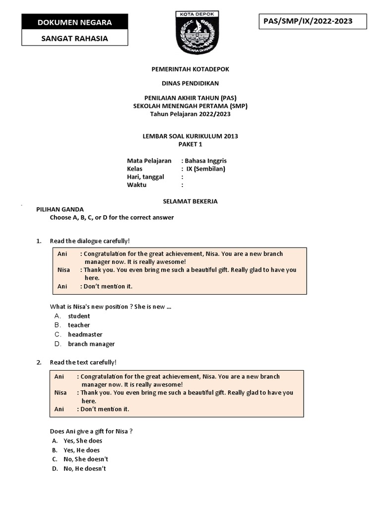 Soal PAS Bahasa Inggris Kelas 9 Semester 1 PDF Teaspoon Food And Soal PAS Bahasa Inggris Kelas 9 Semester 1 PDF Teaspoon Food And