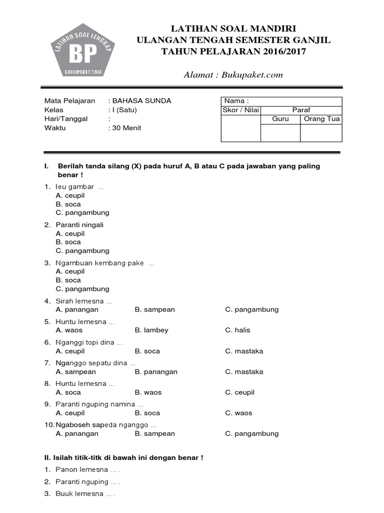 Soal Ulangan Bahasa Sunda Kelas 1 PDF Soal Ulangan Bahasa Sunda Kelas 1 PDF