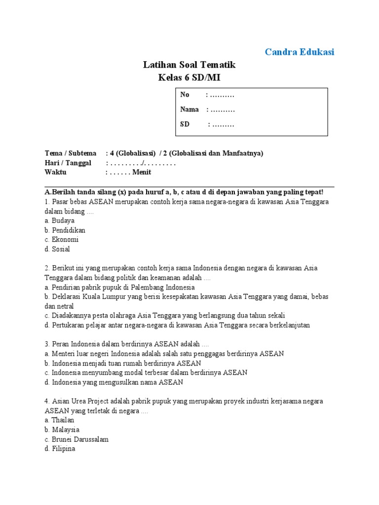Soal Tematik Kelas 6 TEMA 4 SUB 2 PDF Soal Tematik Kelas 6 TEMA 4 SUB 2 PDF
