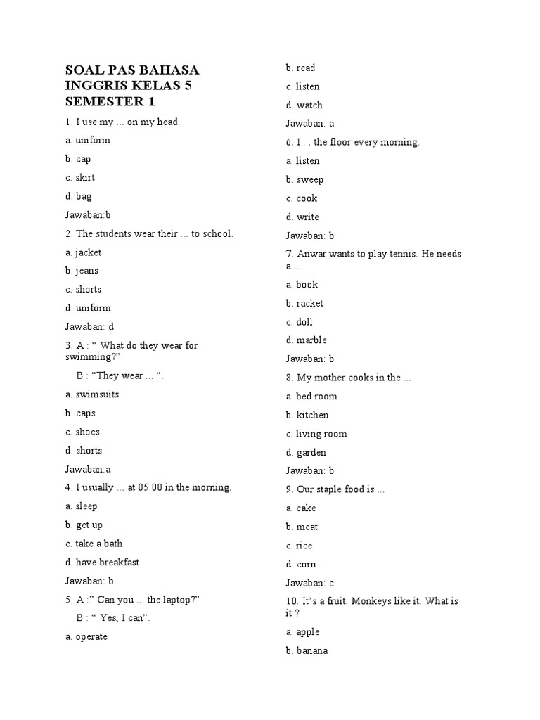 Soal PAS Bahasa Inggris Kelas 5 Semester 1 PDF Soal PAS Bahasa Inggris Kelas 5 Semester 1 PDF
