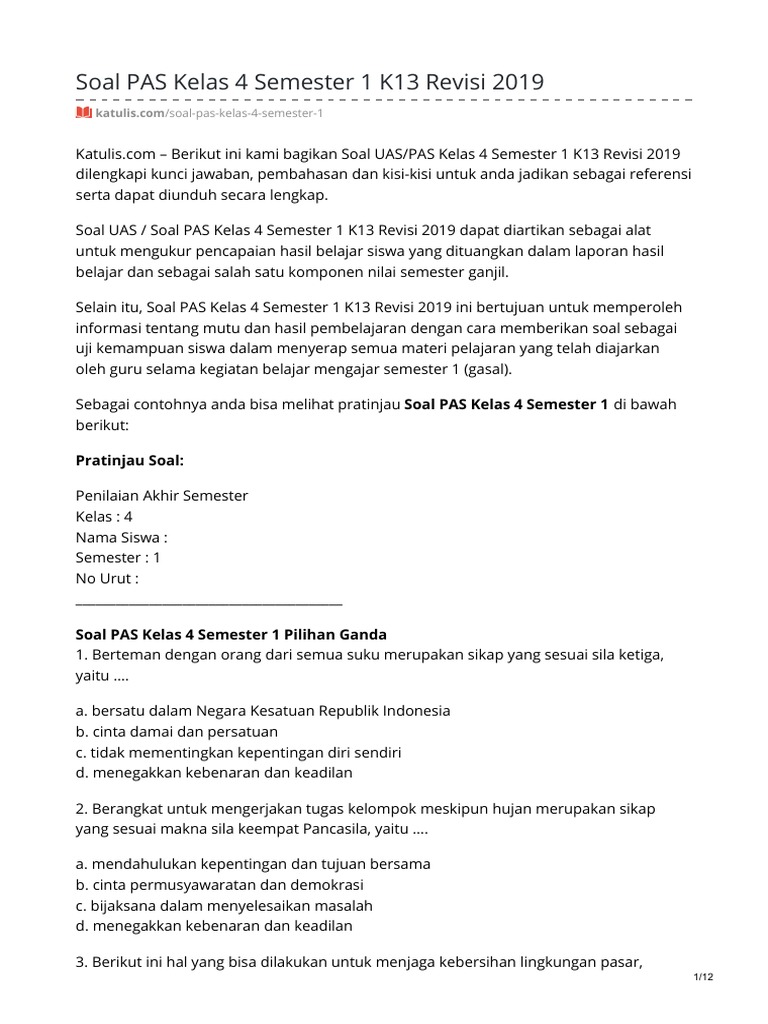Contoh Soal PAS K13 Kelas IV Semester 1 Terbaru 2026: 7 Tipe Soal Wajib Dikuasai Sebelum Ujian