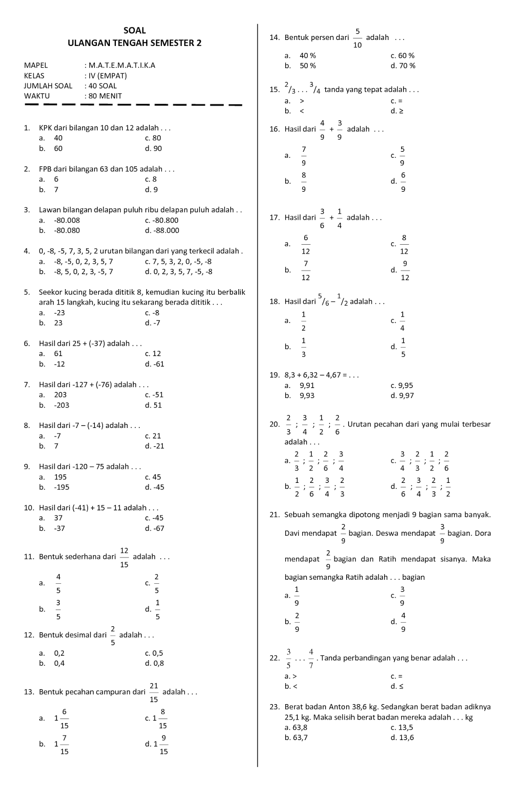 Jangan Sampai Salah Latihan, Ini Kumpulan Contoh Soal PAS 1 Matematika Kelas 4 dengan Kunci Jawaban yang Wajib Dikuasai
