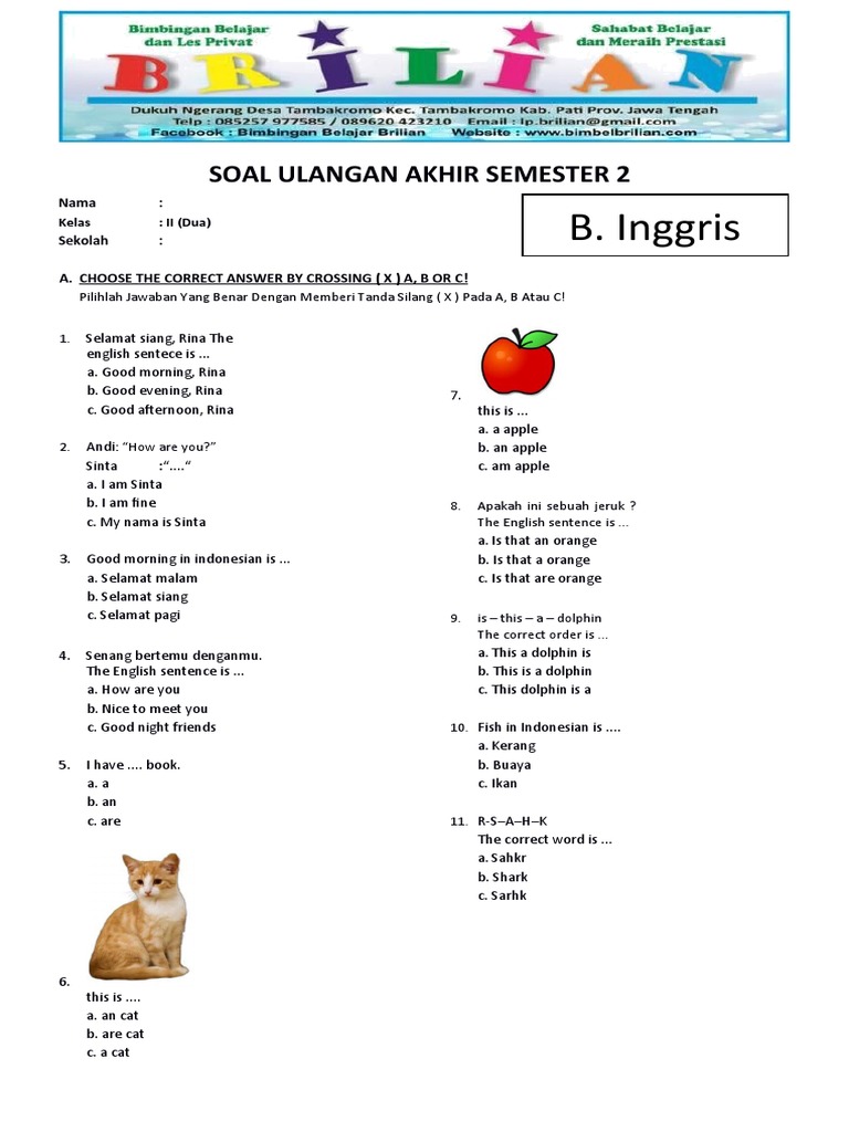Soal UAS Bahasa Inggris Kelas 2 SD Semester 1 Ganjil Dan Kunci