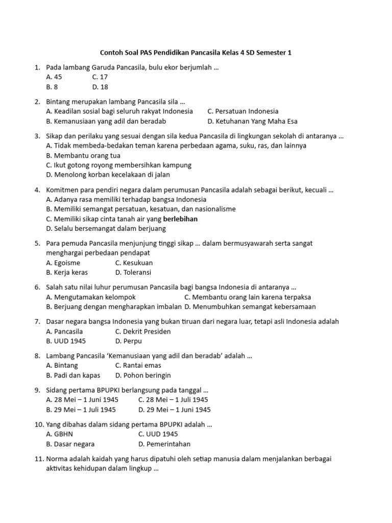 Soal PAS Pancasila Kelas 4 SD Semester 1 PDF Soal PAS Pancasila Kelas 4 SD Semester 1 PDF