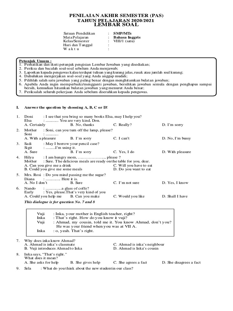 Soal UAS Bahasa Inggris Kelas 8 Semester 1 PDF Soal UAS Bahasa Inggris Kelas 8 Semester 1 PDF